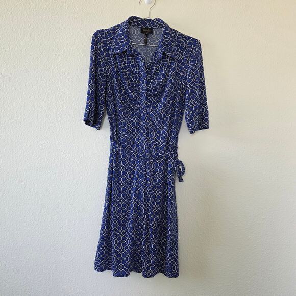 Laundry by Shelli Segal Blue Geometric Shirt Dress Belted Women Size 10 Classic - Picture 13 of 13